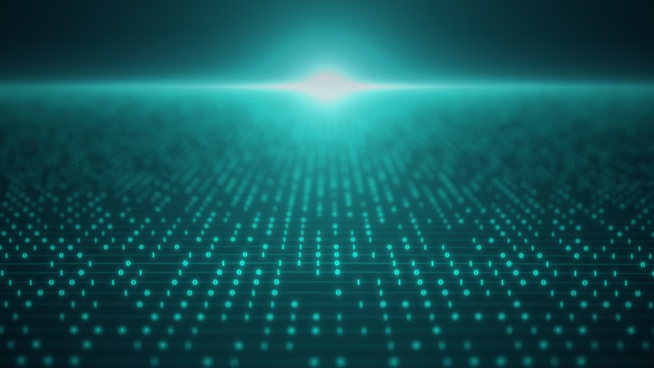 Flying over digital number code green color screen