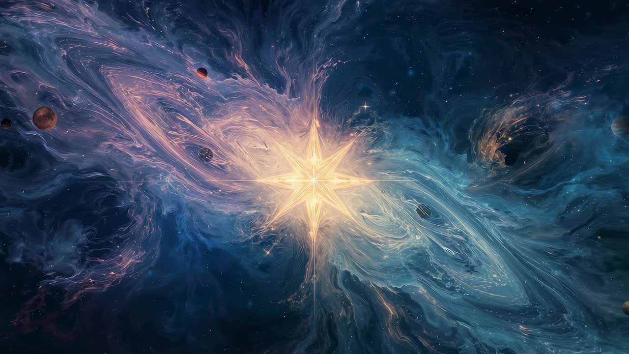 Playback starting swirling nebula gas around eight-pointed golden star in space, drifting asteroids