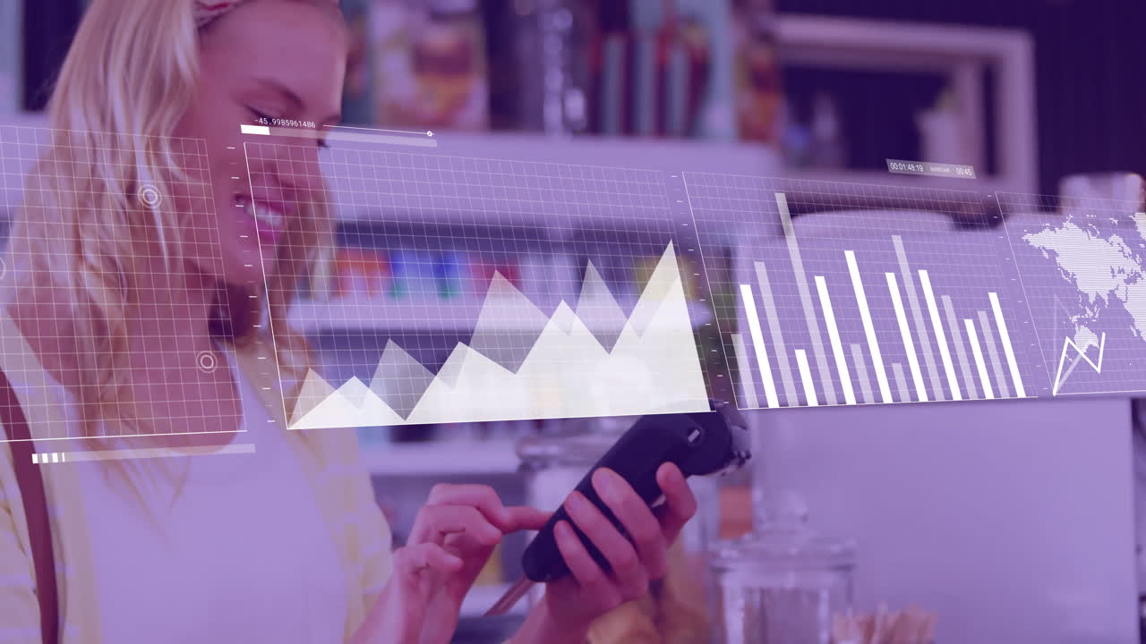 análisis de datos gráficos animación sobre mujer usando teléfono inteligente en la cocina