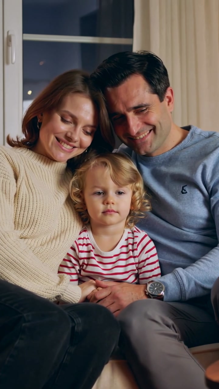 Happy Family with Young Child Smiling Together on Couch