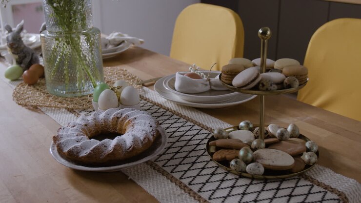 Easter Dinner Table Setting with Treats and Decor