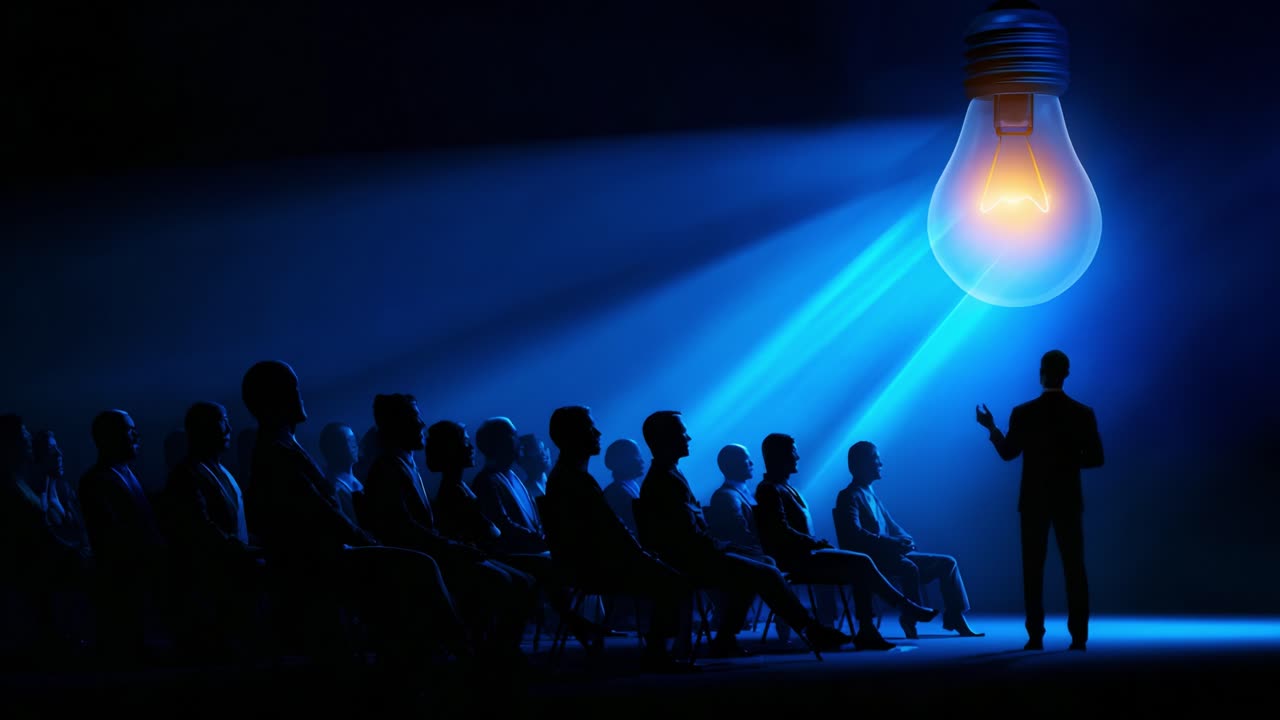 A Speaker Illuminates an Engaged Audience with a Bright Light, Emphasizing Vision and Inspiration in a Darkened Space, Capturing the Essence of Communication and Connection