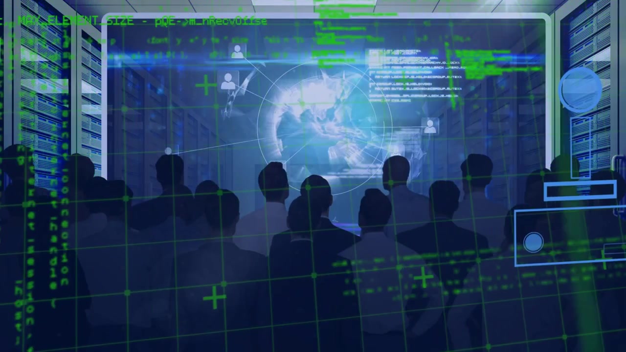 Animation of data processing over businesspeople and globe in screen