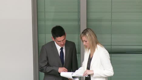 business people discussing reports in a building