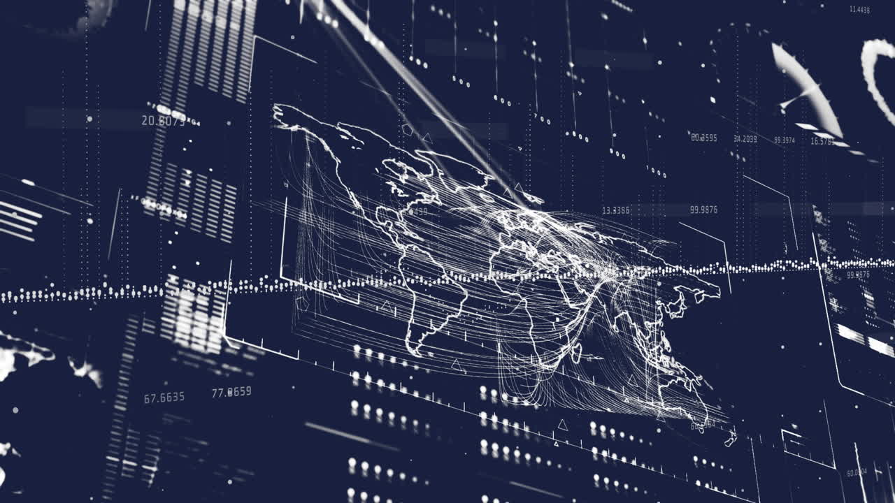 파란색 배경에 대한 세계 지도 위의 데이터 처리 인터페이스의 애니메이션