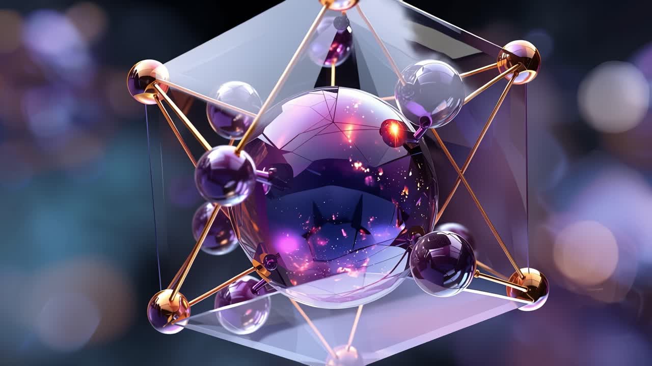 Sfera di cristallo fluttuante che brilla di luce interna. Una struttura metallica la tiene ferma, precisa. Una sfumatura viola pulsa dolcemente, ipnotizzante. Sfere sfocate brillano dietro, oniriche. Ideale per scienza, tecnologia.