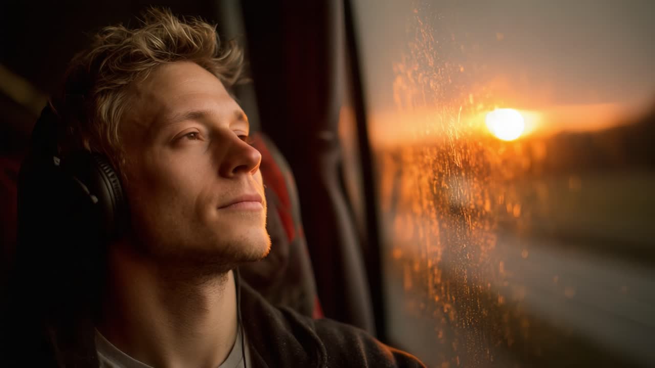 Um jovem contemplativo aprecia um pôr do sol enquanto absorto em pensamentos, ouvindo música em seus fones de ouvido, criando uma atmosfera serena e pacífica em sua jornada