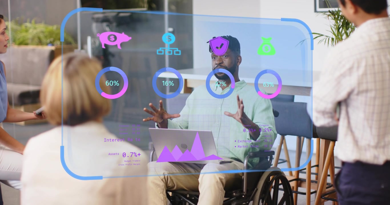 Wheelchair presenter opening laptop projecting 3D finance dashboard as team analyzing metrics