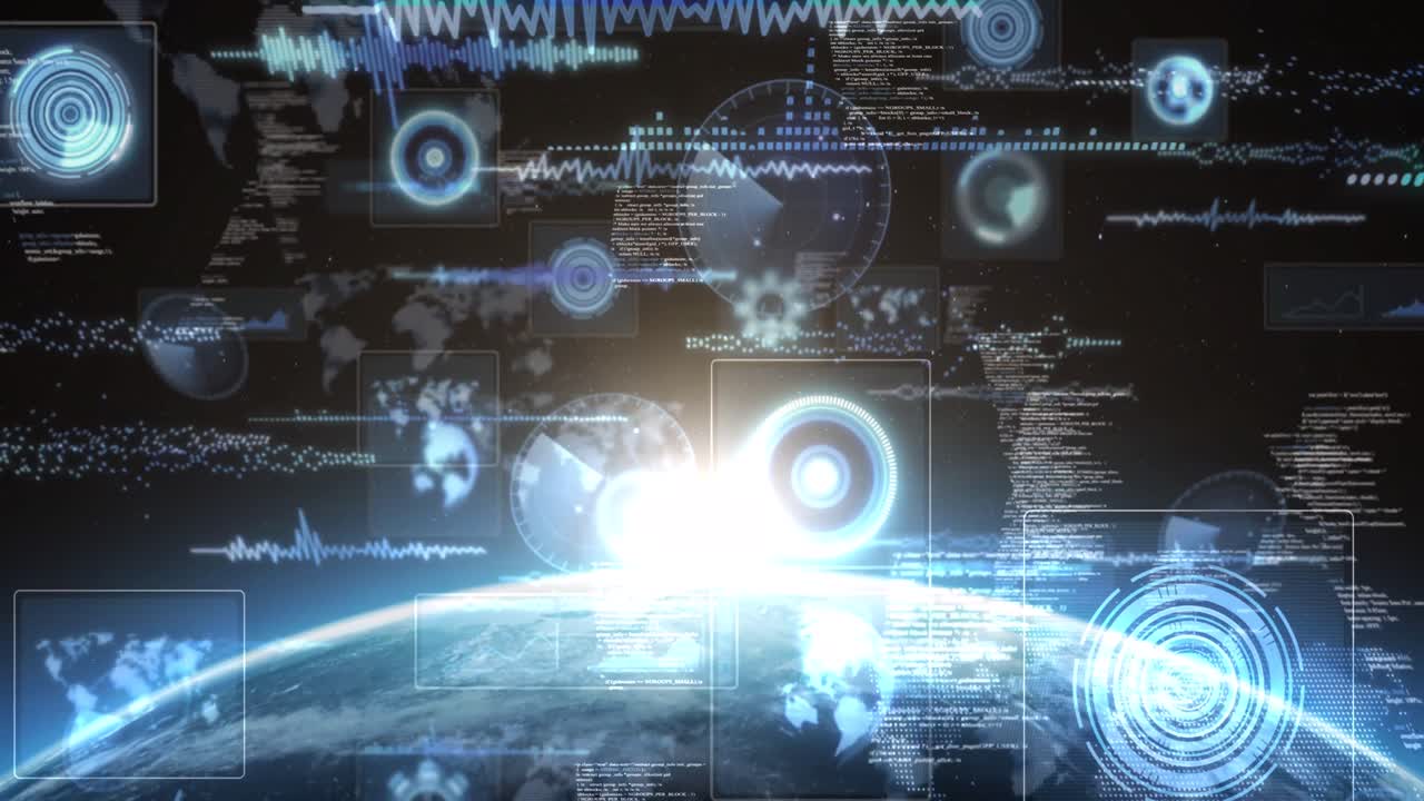 스 ⁇  스캔, 세계 지도, 빛나는 지평선과 함께 전 세계 화면에서 데이터 처리