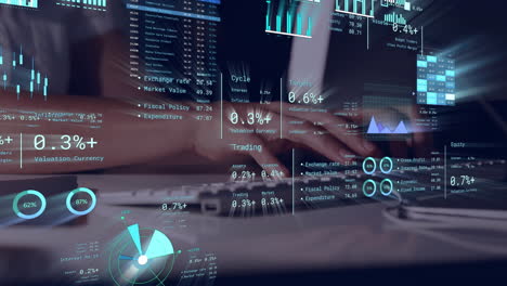escribir en una computadora portátil, datos financieros y animación analítica sobre las manos