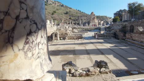 dolly panning shot of prehistoric ruins of roman byzantine empire in ephesus izmir turkey