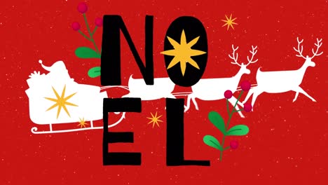 animation of snow falling over santa claus in sleigh and noel text on red backrgound