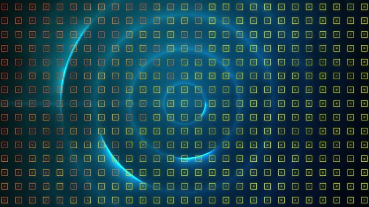 Digital animasjon av abstrakt mønsterdesign mot blå spiralformede lysstriper på svart bakgrunn
