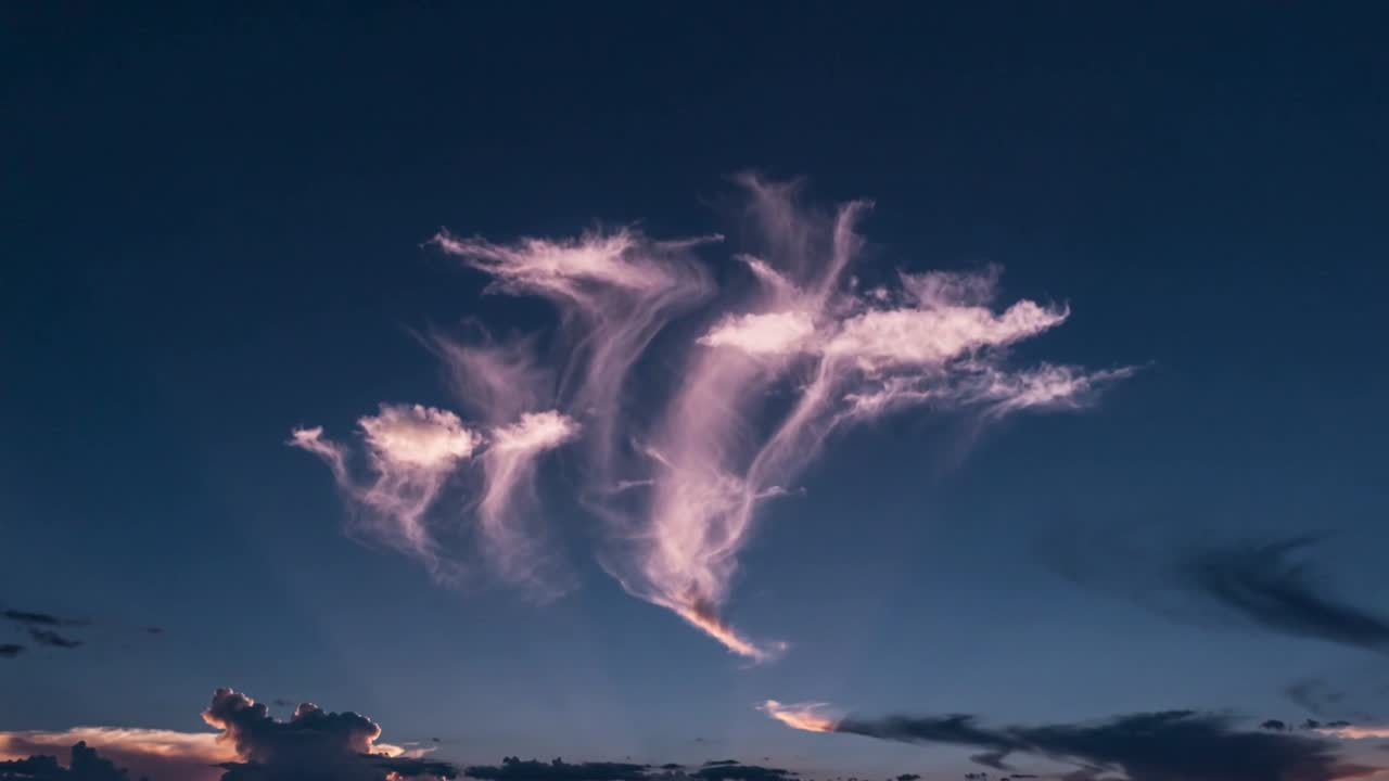 Striscia di luce che sorge dall'orizzonte, accendendo una tripla nuvola che si espande verso l'esterno, acquisendo un bordo rosa in un ambiente naturale.