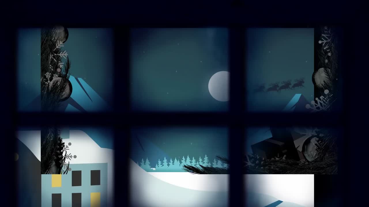 Animation of santa claus in sleigh with reindeer in christmas winter scenery seen through window