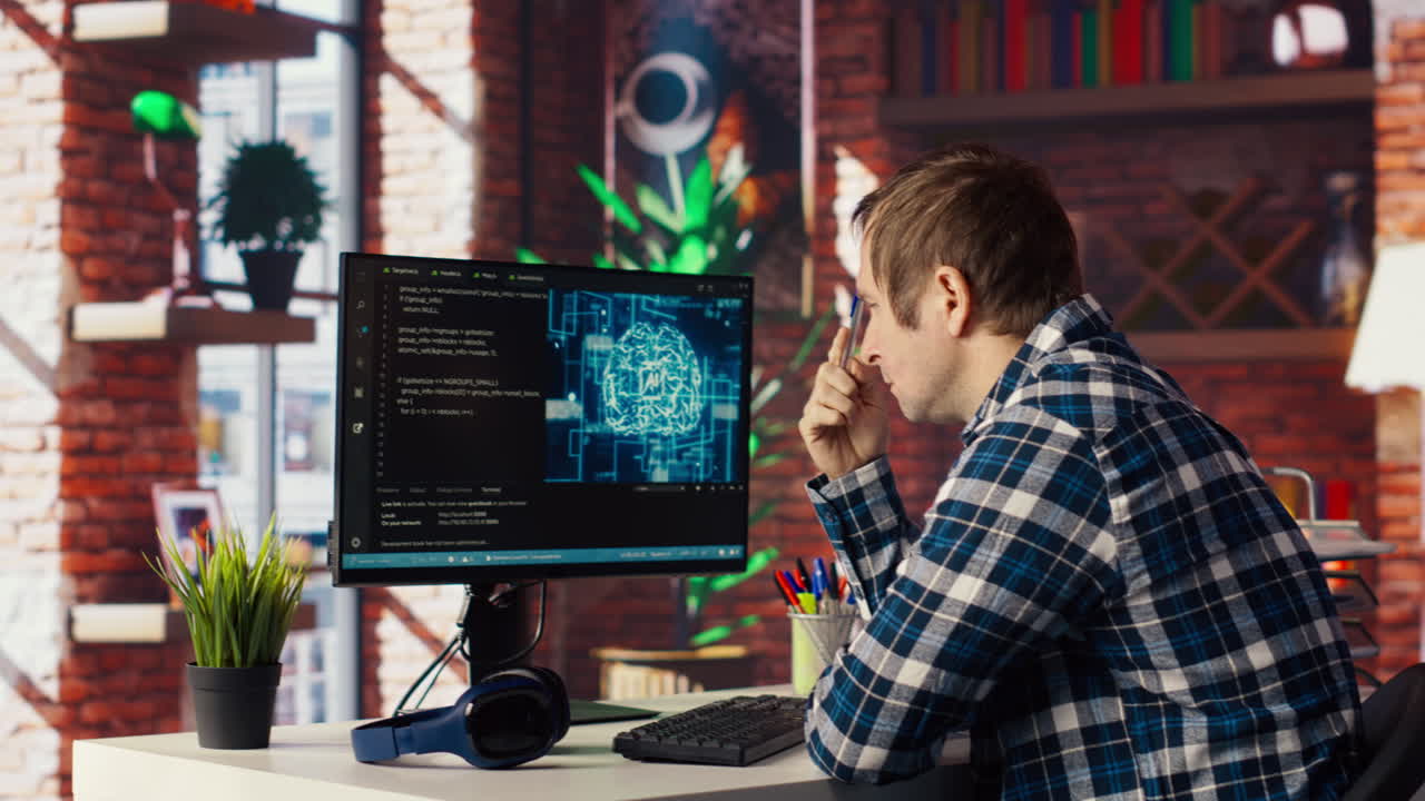 AI software developer at computer waiting for code to finish compiling