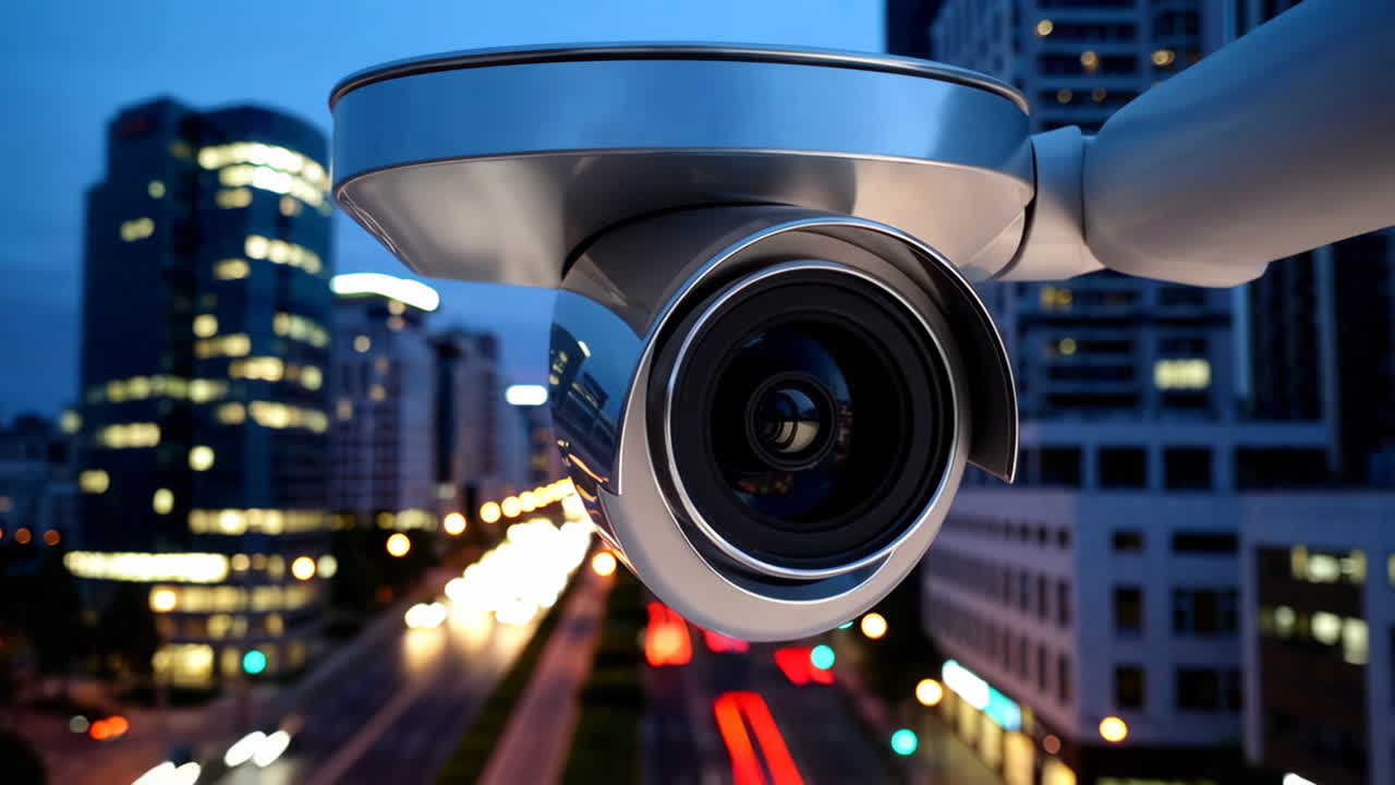 Security Camera at Night Over Busy City Streets