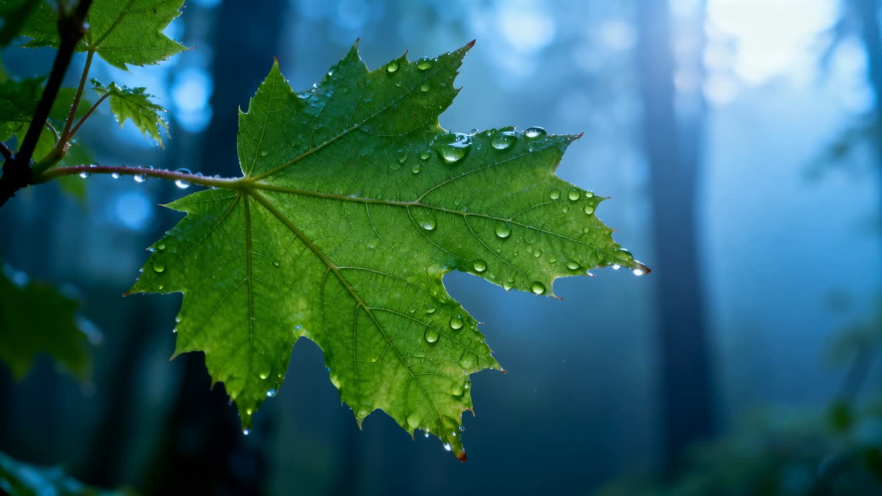 Showing maple-like leaf shedding droplets after rain in misty forest, with twig and blurred trunks