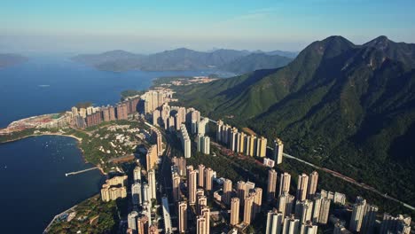 Wonderful-skyline-of-high-skyscrapers-and-downtown-district-in-Ma-On-Sha,-Hongkong