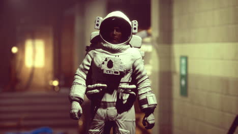 Astronaut preparing for mission indoors at a space facility in the evening