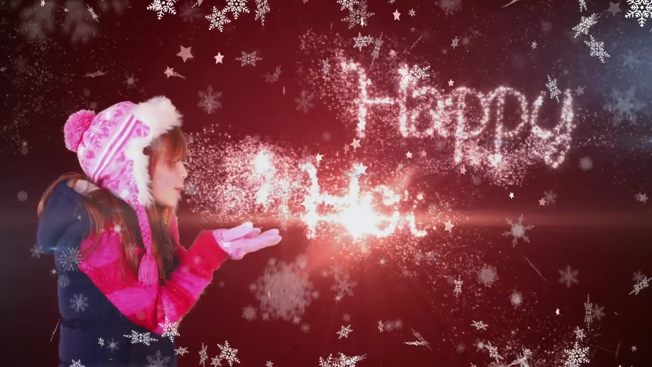 una niña pequeña está soplando un saludo mágico de navidad en esta animación digital.
