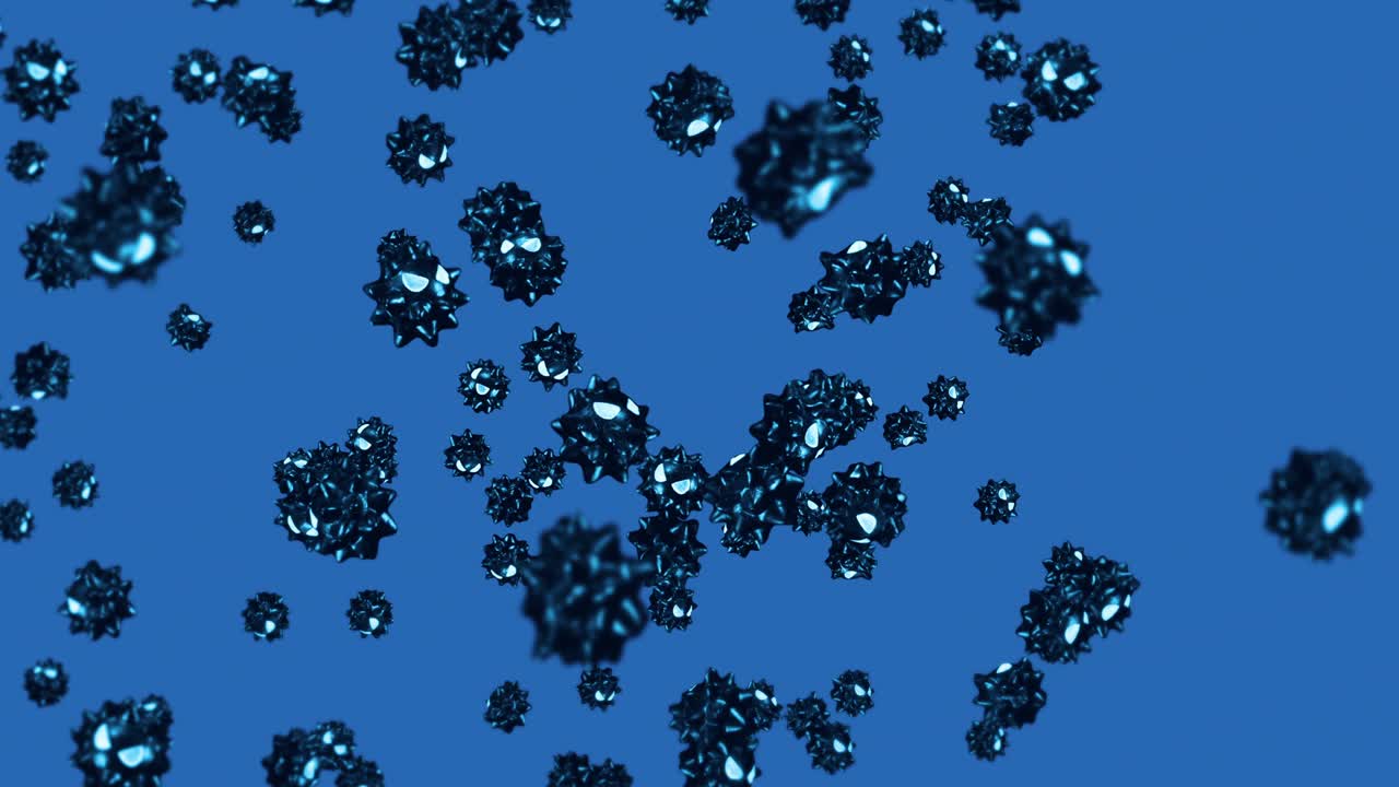 파란색 배경의 만화 캐릭터에서 많은 바이러스를 날아다니는. 의학 개념. 화를 내는 재미있는 검은 바이러스 마스코트. 3d 루프 애니메이션.