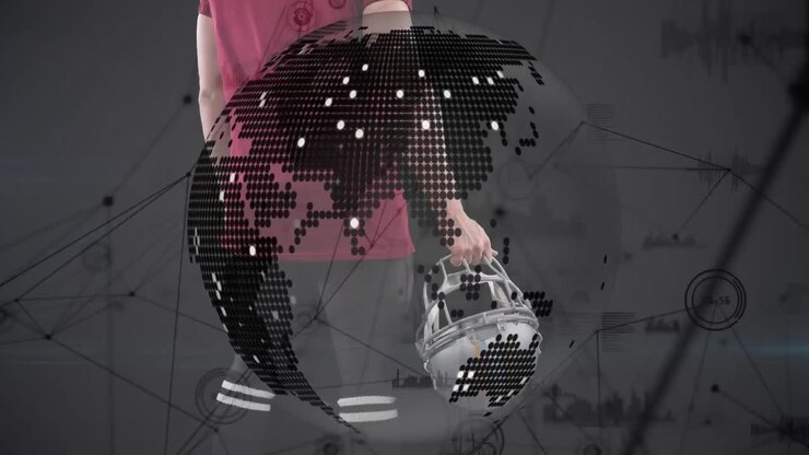 Animation of data processing and globe over caucasian male american football player with ball