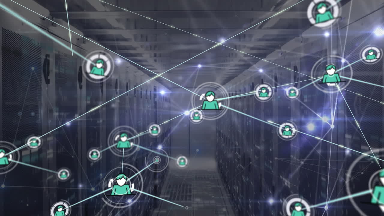 Animation of network of connections and data processing over server room