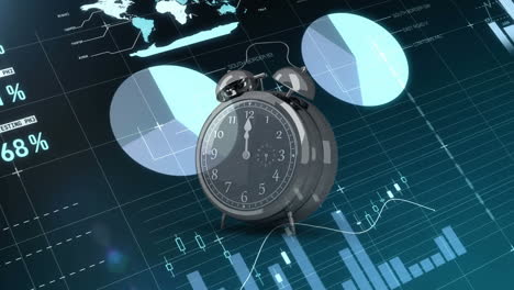 animación del despertador que suena a las doce horas sobre estadísticas y procesamiento de datos financieros