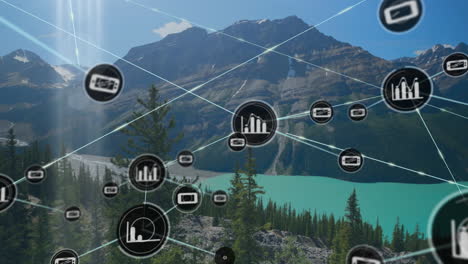 animation of network of connections with icons over mountain landscape