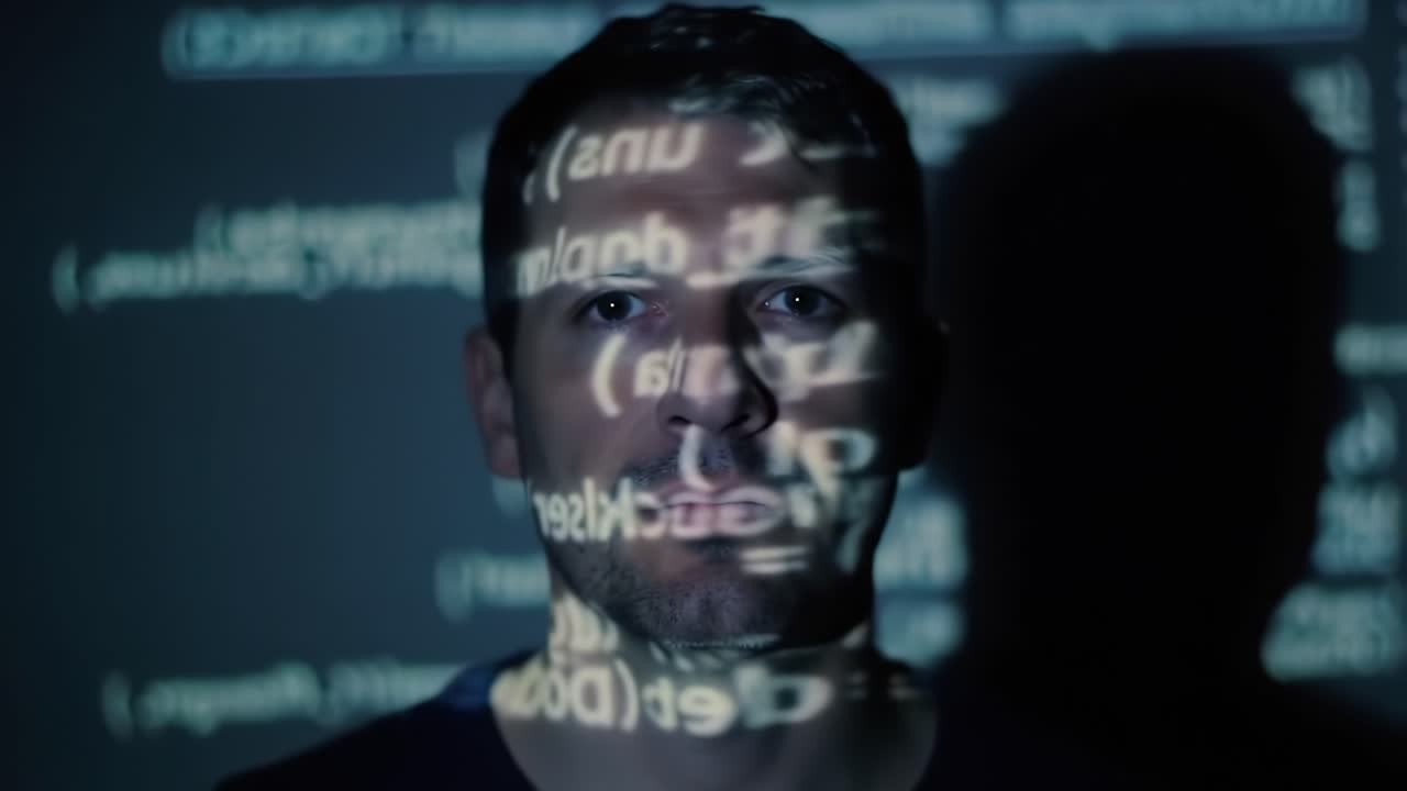 A Deep Reflection on Technology and Code: An Individual Contemplates the Role of Data and Programming in Today's Digital Age with Code Projected on Their Face