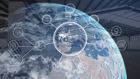 Animation-of-network-of-connections,-globe-spinning-over-warehouse