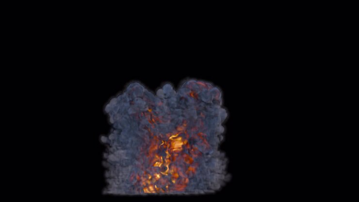 Heavy dark explosion with fire core on transparent background