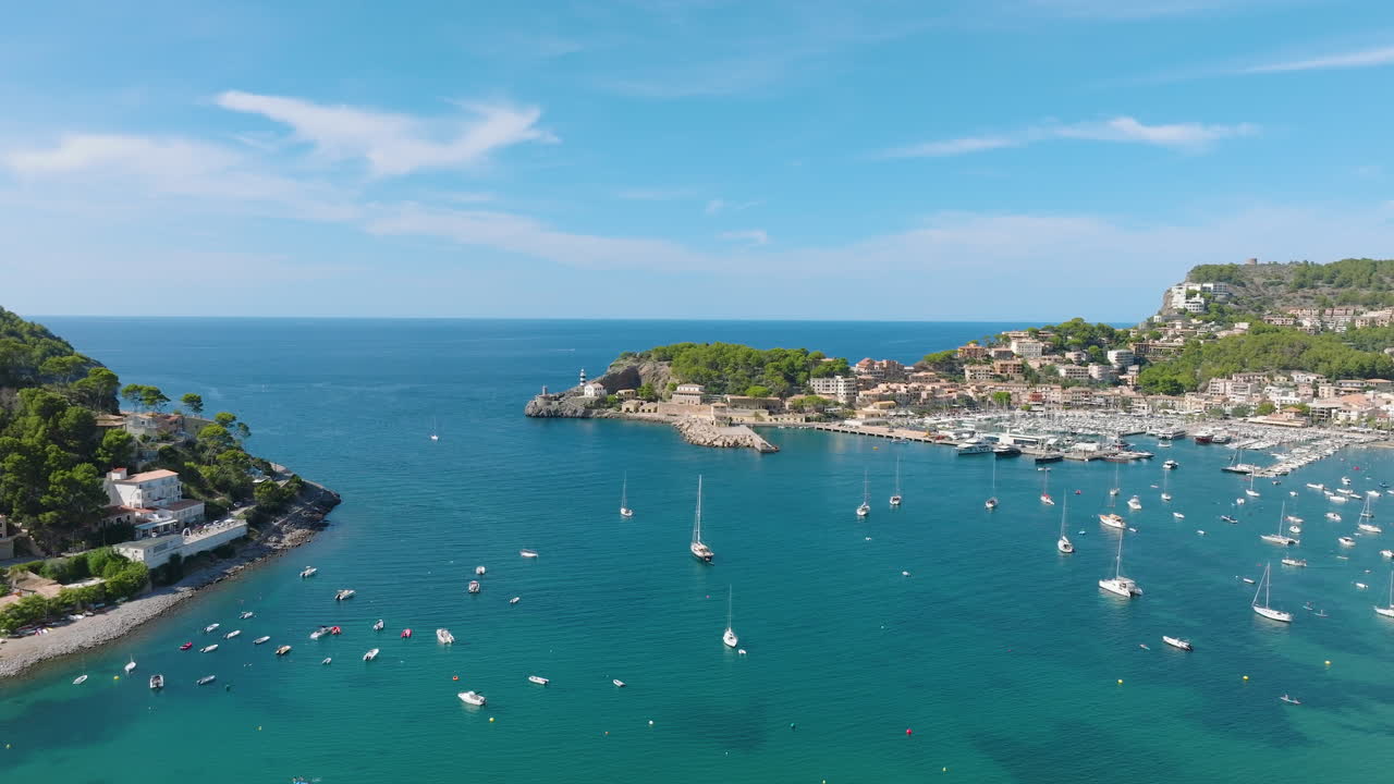Aerial view of a beautiful Mediterranean harbor with yachts and boats