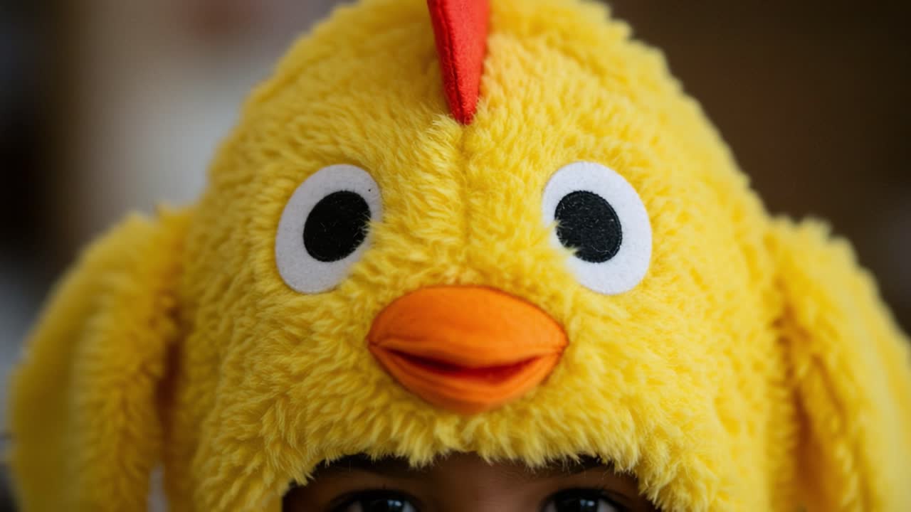 A Sweet and Playful Child Wearing a Bright Yellow Chicken Hat, Capturing the Joyful Essence of Childhood in Two Adorable Frames