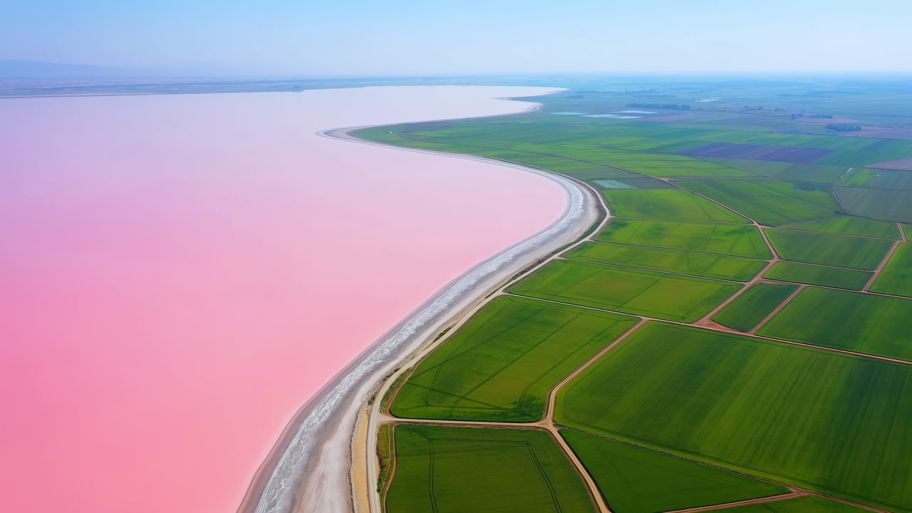 Aerial Drone View Pink Lake Coastline Sweeping Verdant Farmland, Curving Salt Shoreline, Pastel Gradient