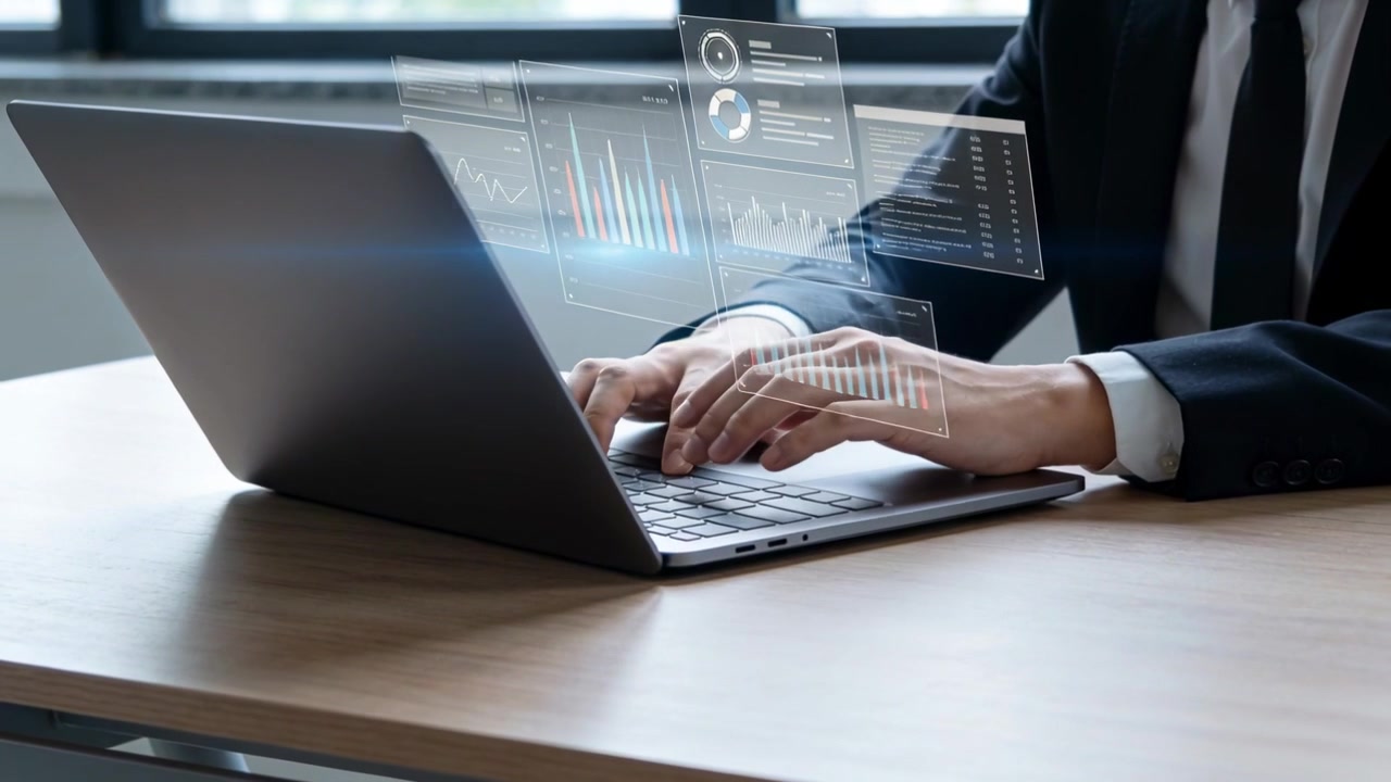 Noticing AI label appearing, suited man typing on slim laptop at wooden desk, reviewing data panels