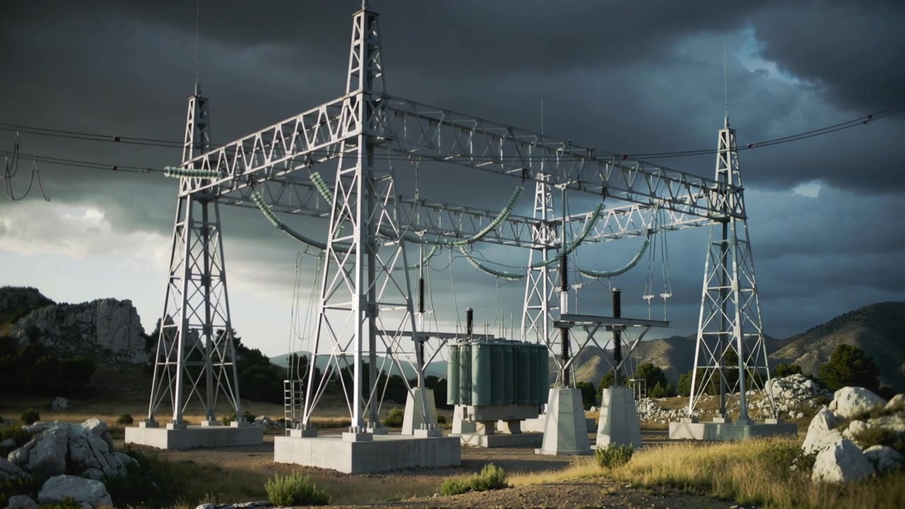 Nuvens de tempestade em movimento atrás de uma subestação de metal em área de matagal, escurecendo torres de treliça e um transformador.