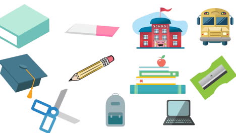 animation of rows of school icons, books and sharpeners on white background