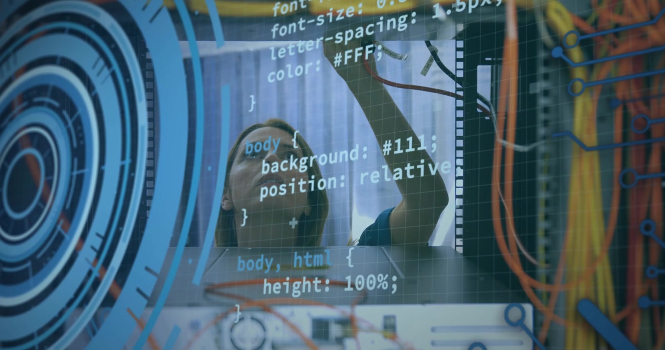 Animation of data processing over caucasian woman inspecting server room
