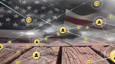 animación de personas conectadas y iconos de mensajes sobre la bandera de américa, nubes y mesa de madera