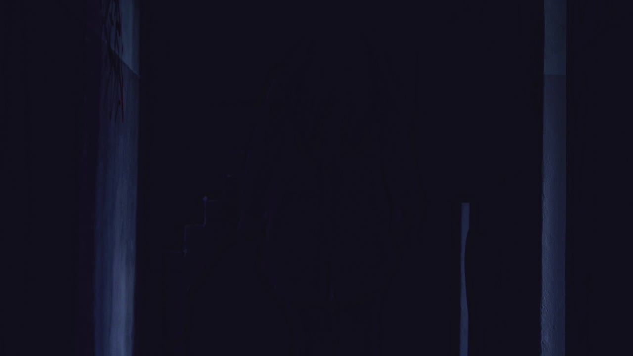 A frightening video of a ghost of a woman walking down the hall in an abandoned building towards the camera