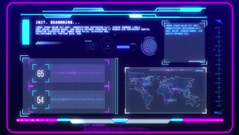 animation of neon interface with data processing against blue background