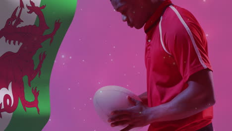 animation of flag of wales over biracial male rugby player holding ball