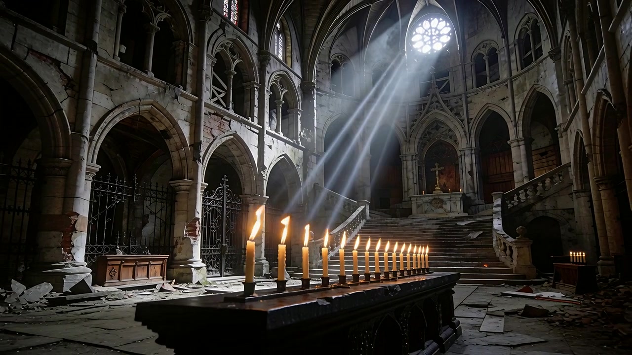 Kameraet trækker sig tilbage, tændte votivlys afslører et alter og stråler fra et rosetvindue, der viser en ruin.