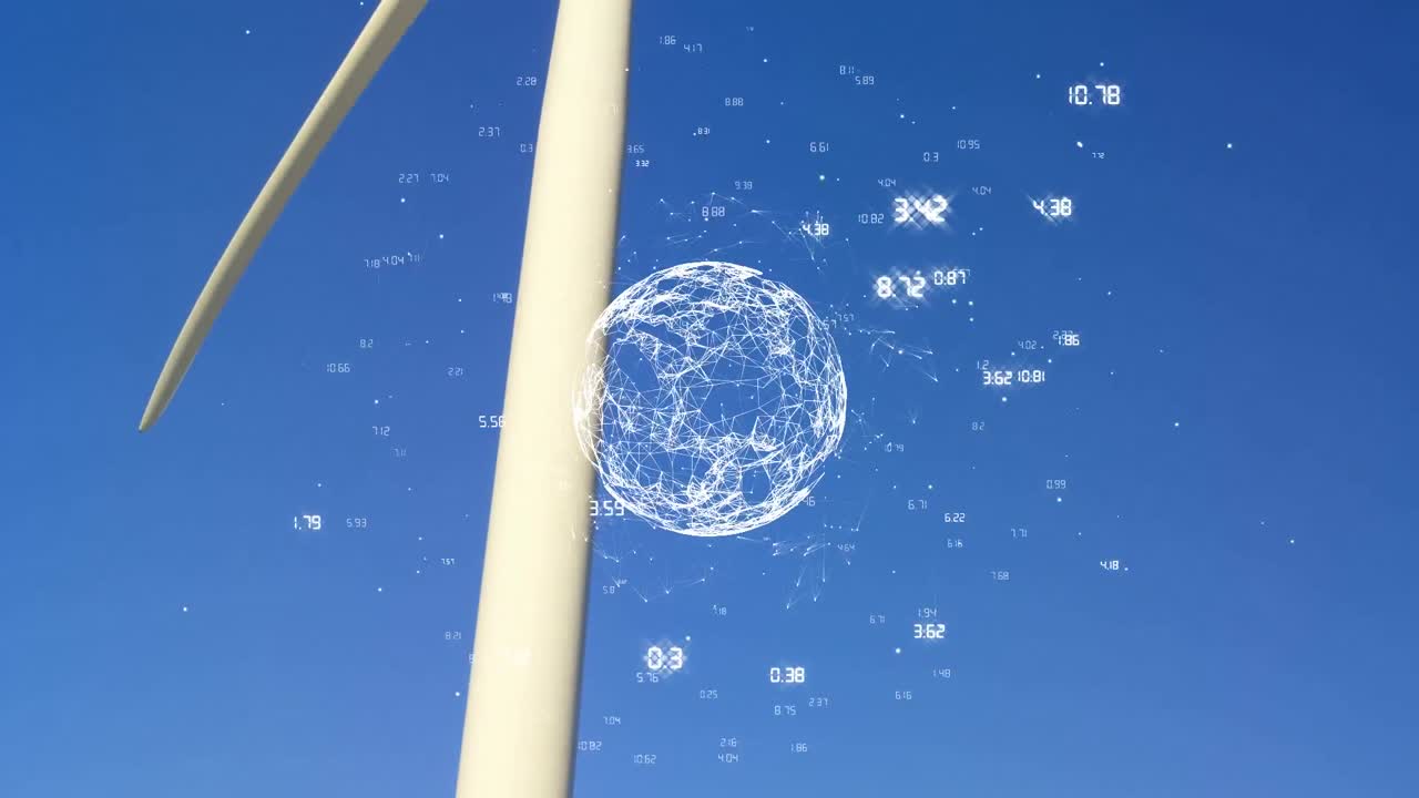 풍력 터빈을 통한 데이터 처리와 함께 지구와 숫자의 애니메이션