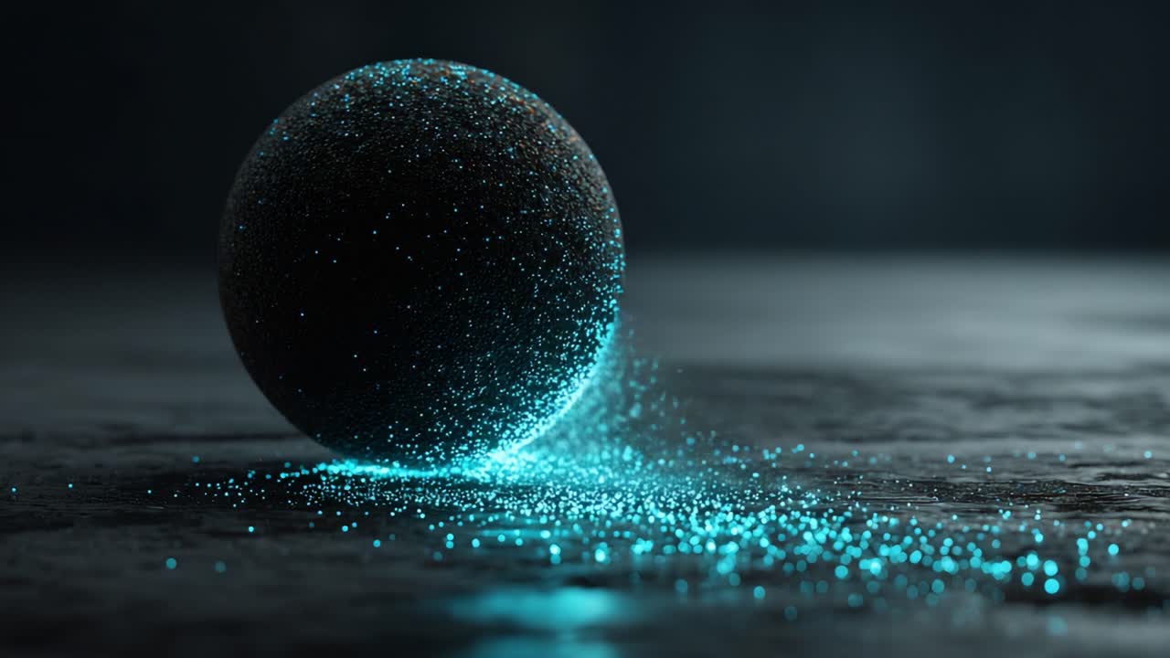 Una visuale mozzafiato di una sfera luminosa che rotola su una superficie, circondata da particelle di luce radiose, creando un effetto dinamico ipnotizzante in un ambiente scuro e suggestivo.