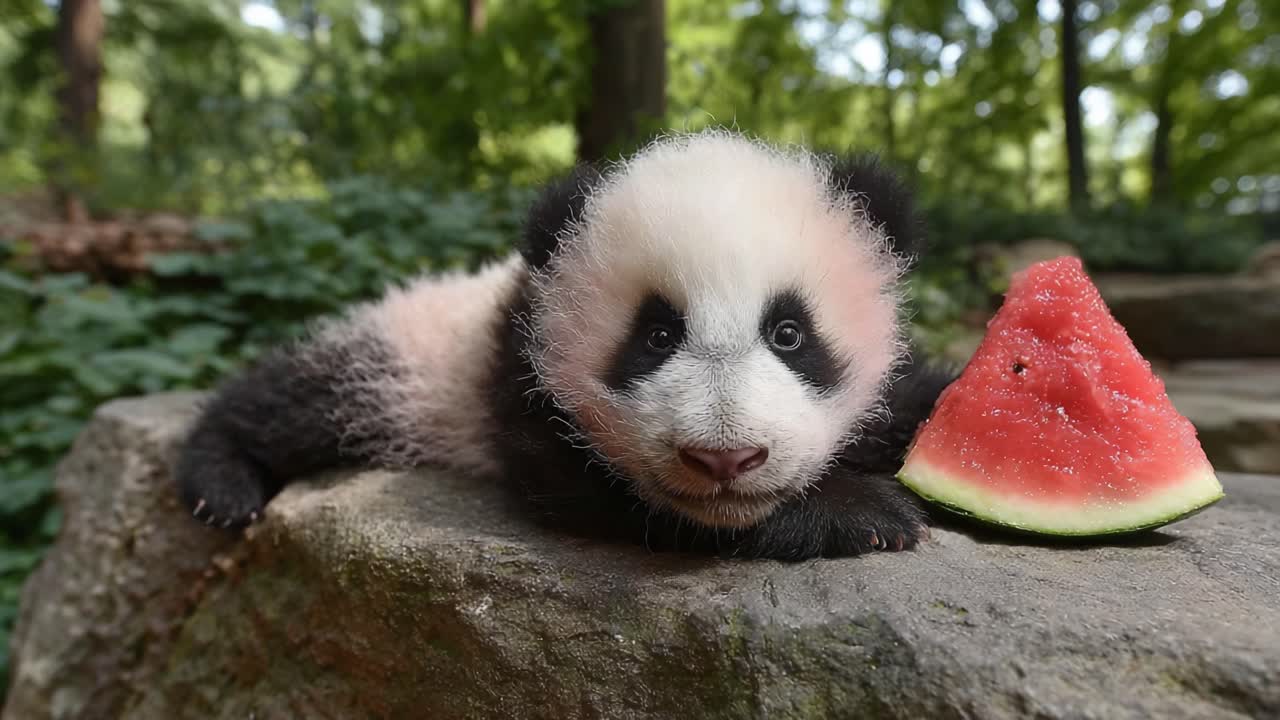Adorable Panda Cub Enjoying a Slice of Watermelon Amidst Lush Greenery - A Delightful Scene of Nature and Wildlife Conservation