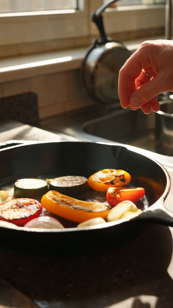 Hand seasoning grilled vegetables in a cast iron pan