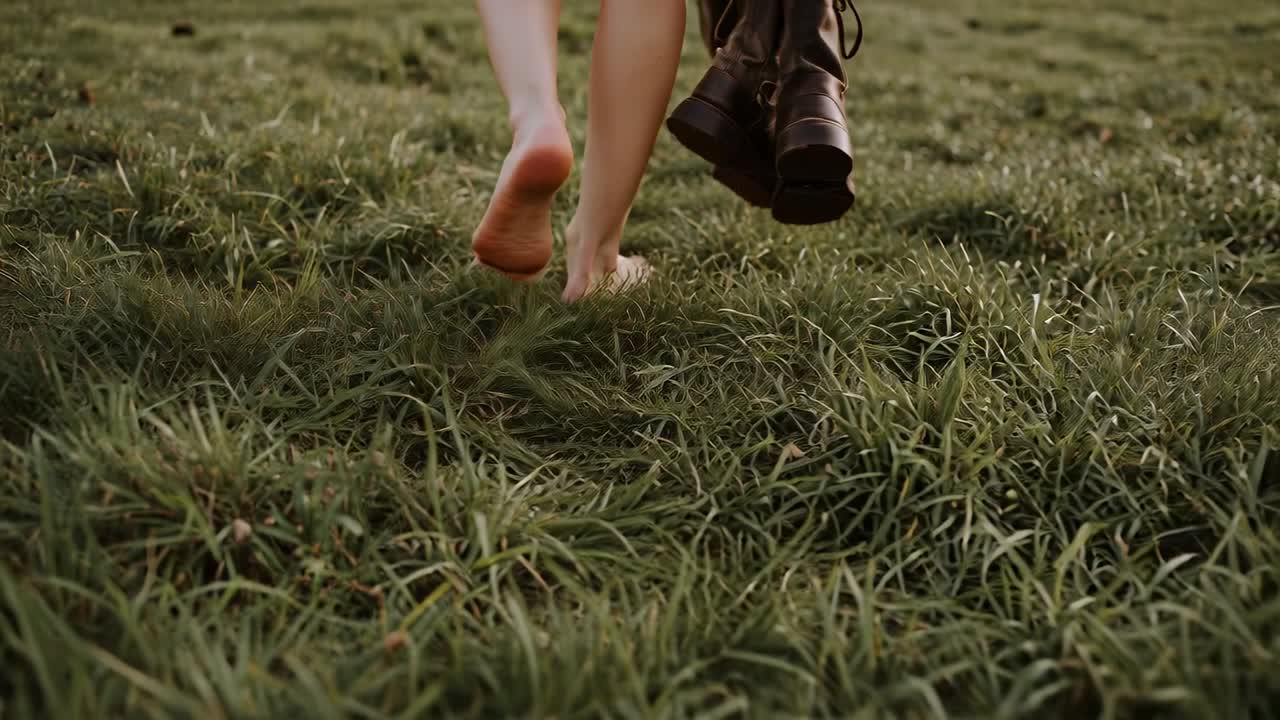 Walking barefoot woman prompted by warm sun carrying brown boots across meadow, leaving faint path